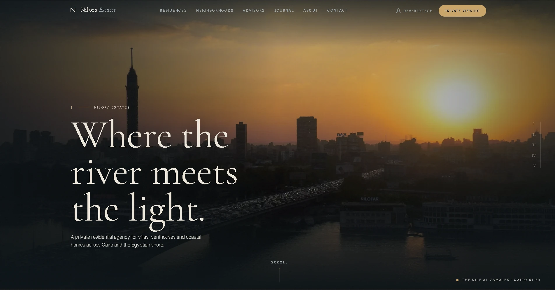 Nilora Estates real estate website homepage: Cairo skyline at sunset over the Nile at Zamalek with the headline 'Where the river meets the light.'